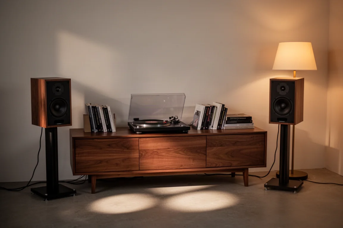 Salle d'écoute calme au crépuscule avec une platine vinyle, des enceintes sur pieds et une lampe de sol chaleureuse