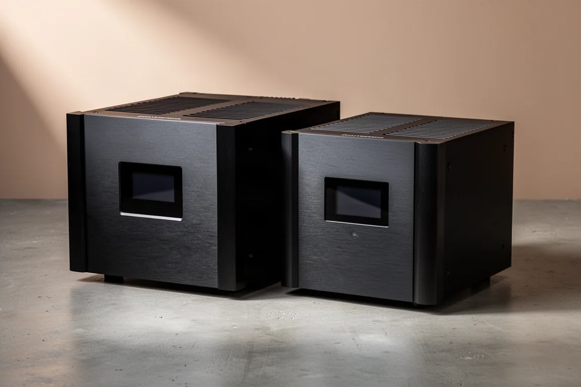 Two black Rotel multi-channel power amplifiers side by side on a matte concrete surface