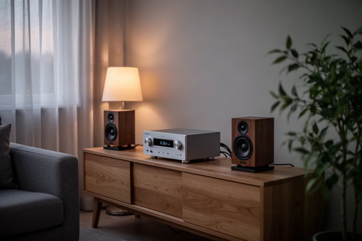 Sistema hi-fi compacto com caixas de estante sobre um aparador de madeira em uma sala de estar ao anoitecer