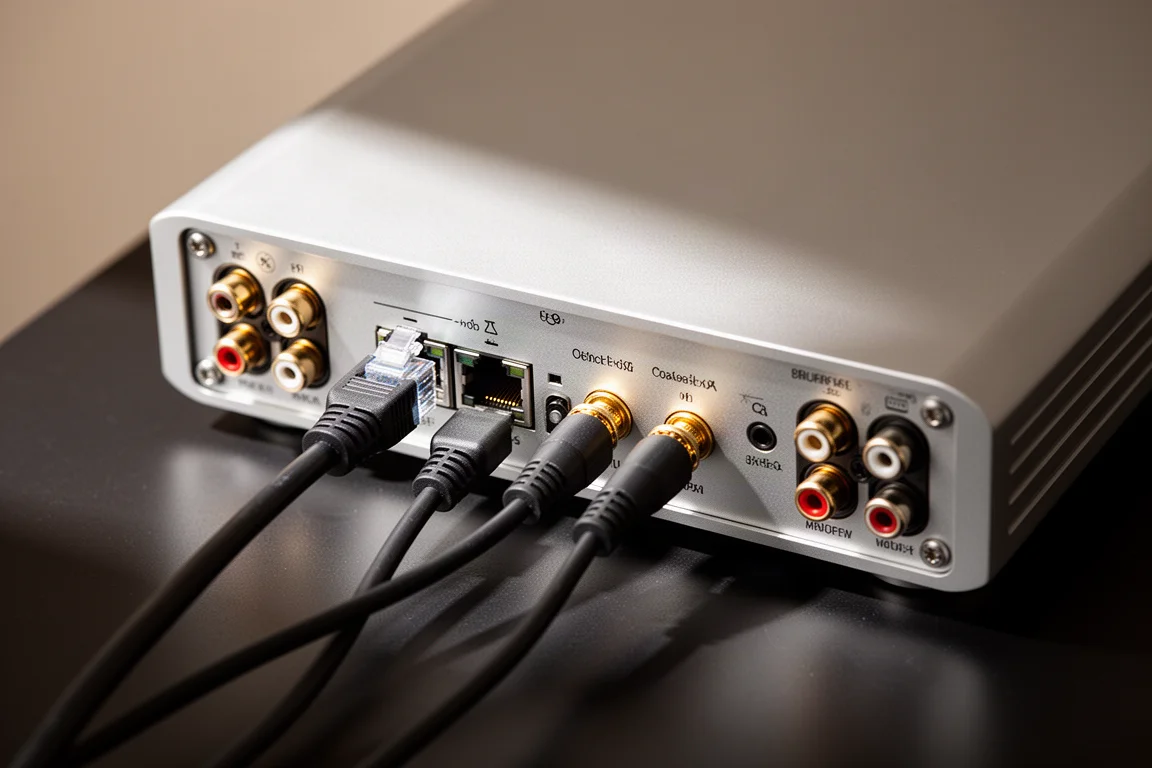 Detalhe do painel traseiro de um componente hi-fi com cabos ethernet, óptico e coaxial conectados
