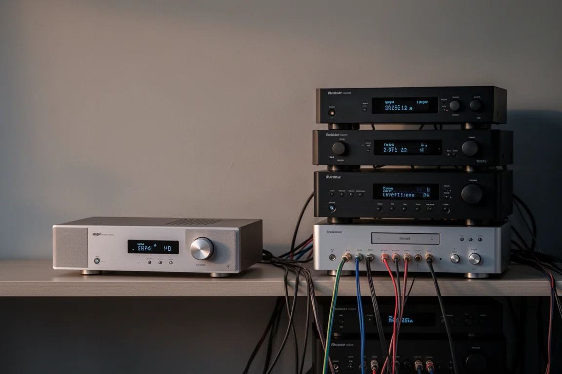 Unidade hi-fi compacta ao lado de uma pilha de componentes de áudio separados em luz suave de fim de tarde