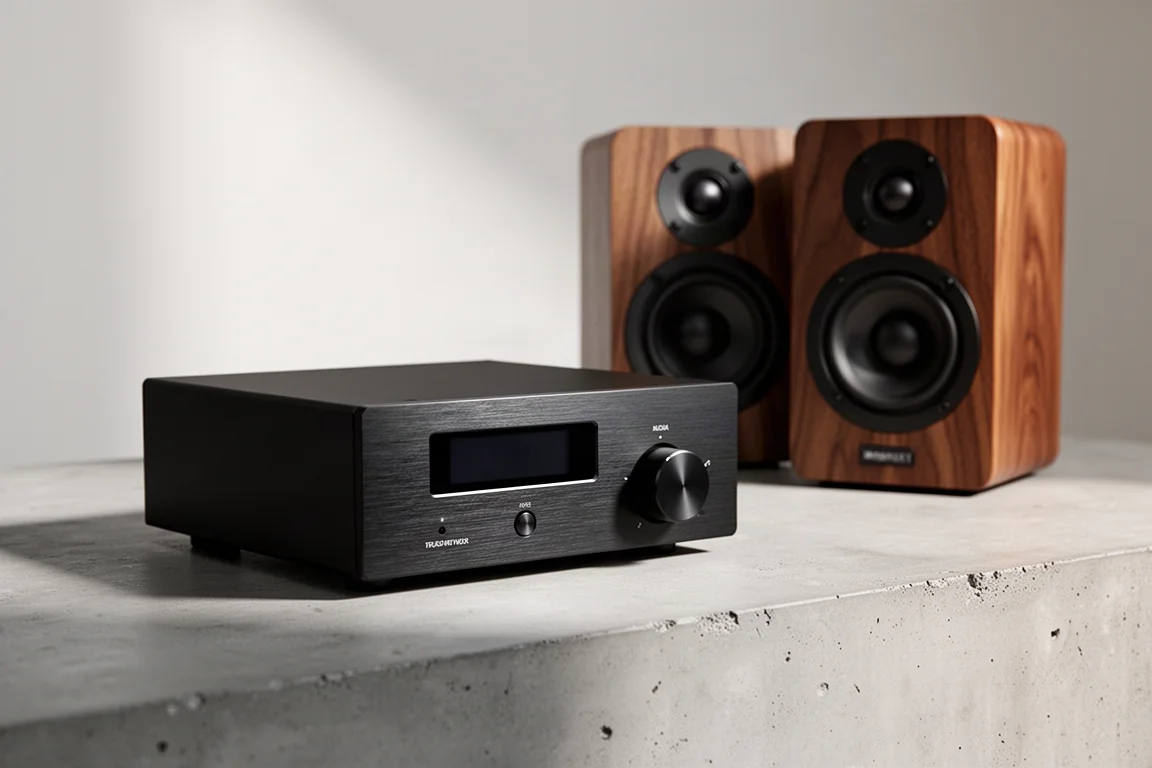 Compact black streaming amplifier beside small walnut stand-mount speakers on a concrete surface