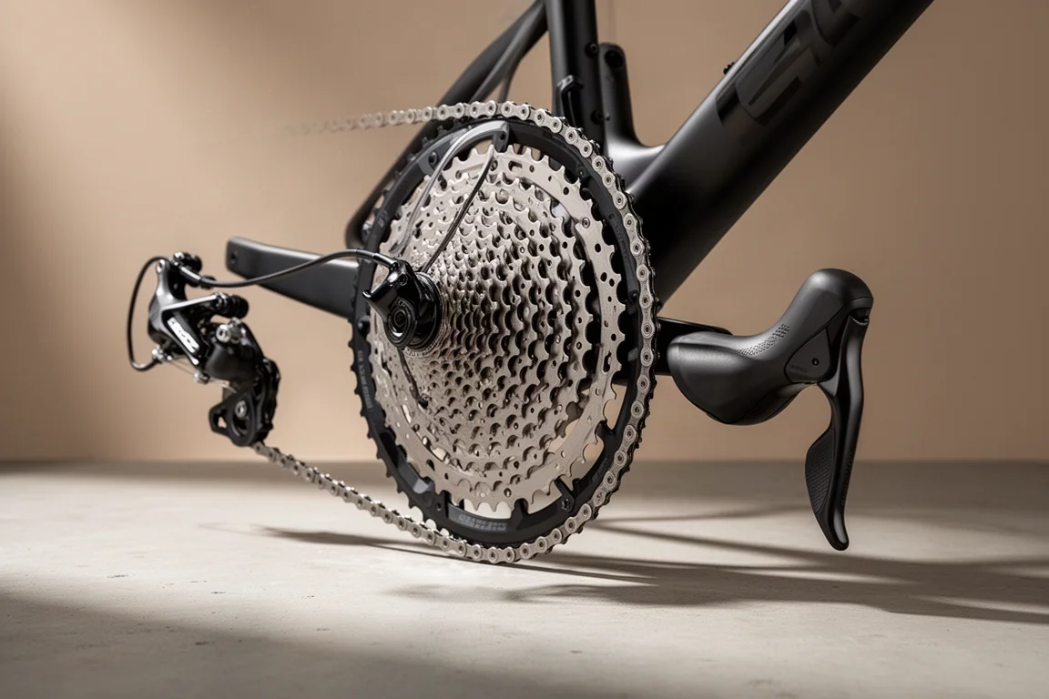 Fully hydraulic road bike groupset with levers, oval chainring, cassette, and calipers on concrete