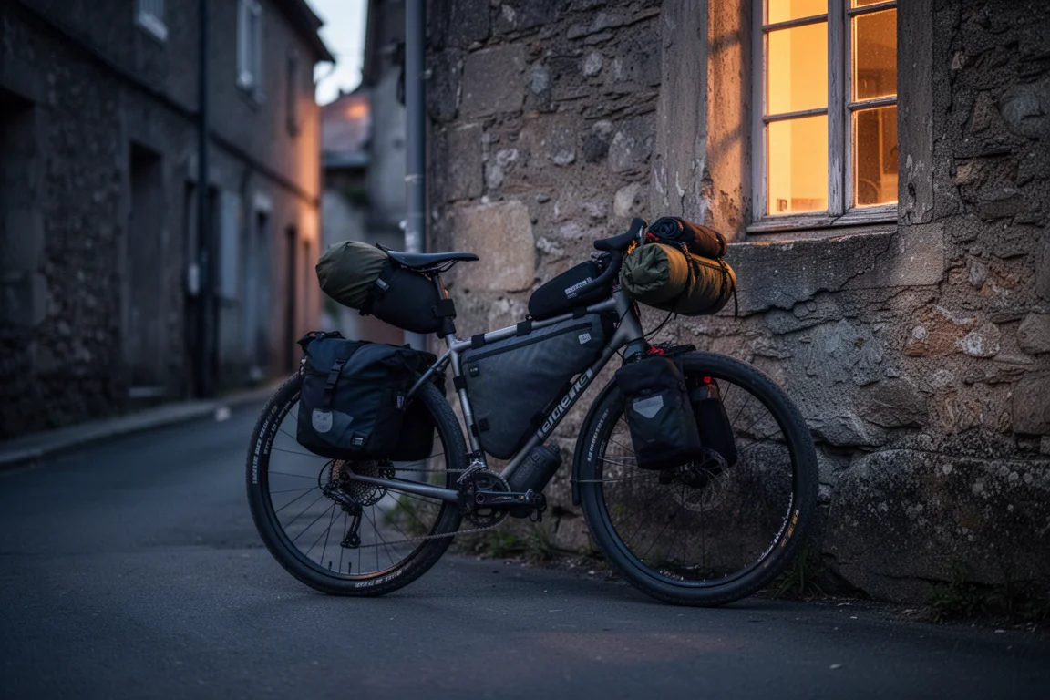 Bike de bikepacking carregada apoiada contra um muro de pedra ao anoitecer