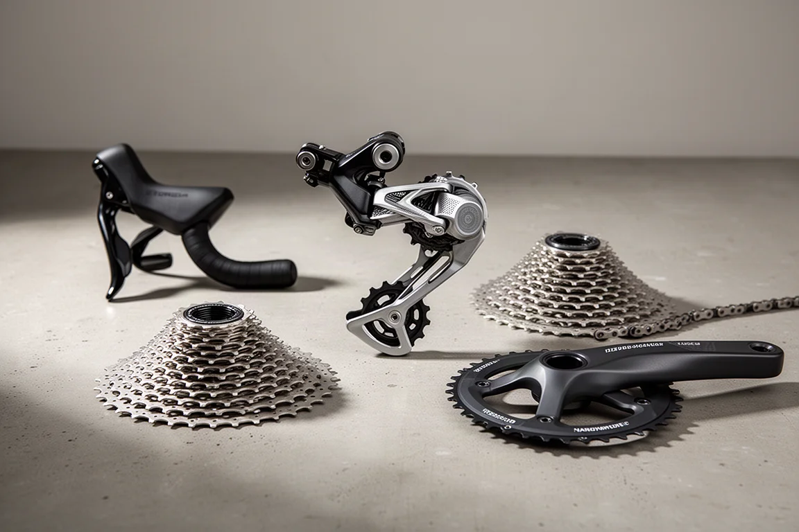 Single-ring road bike drivetrain components arranged on a matte concrete surface