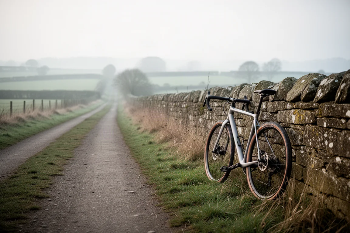 Bicicleta de gravel apoyada contra una valla de madera junto a un sendero de gravilla con luz cálida de atardecer