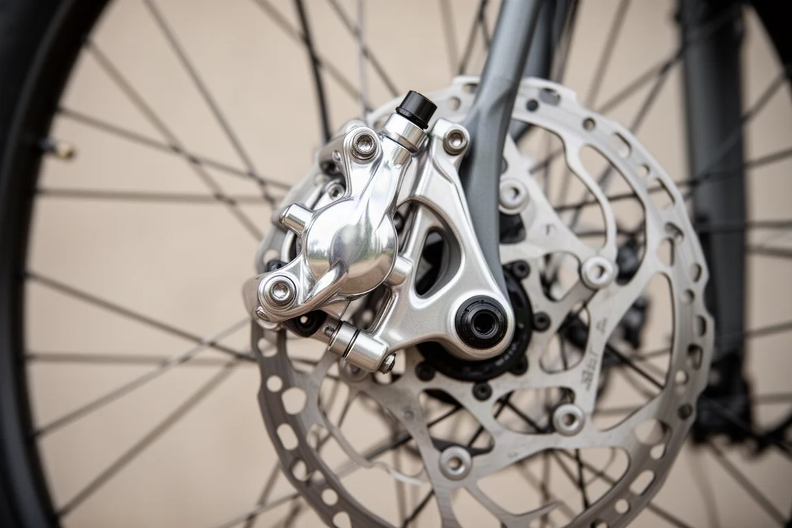 Primer plano de una pinza de freno hidráulico de disco y un disco en una rueda de gravel