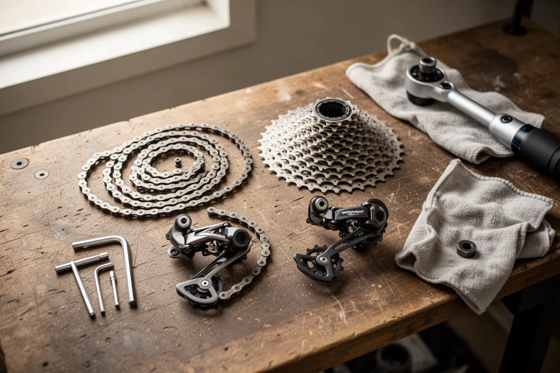 Bicicleta de gravel con bolsas de bikepacking aparcada en una carretera rural al anochecer
