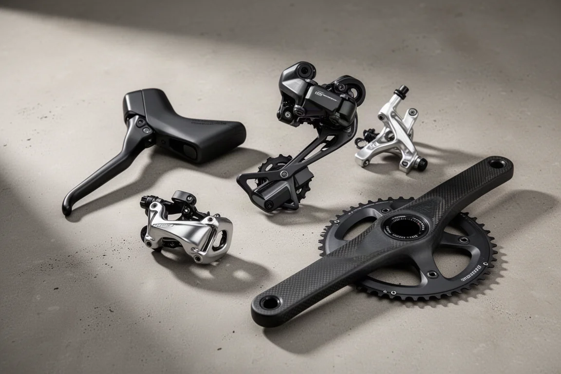 Wireless gravel groupset with shift levers, derailleur, cassette and carbon crankset on concrete
