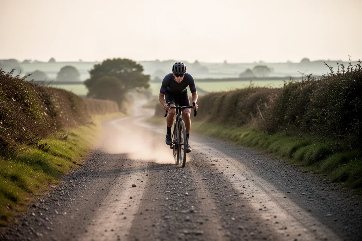 Ciclista gravel che pedala lungo una strada di campagna nella luce calda del tardo pomeriggio