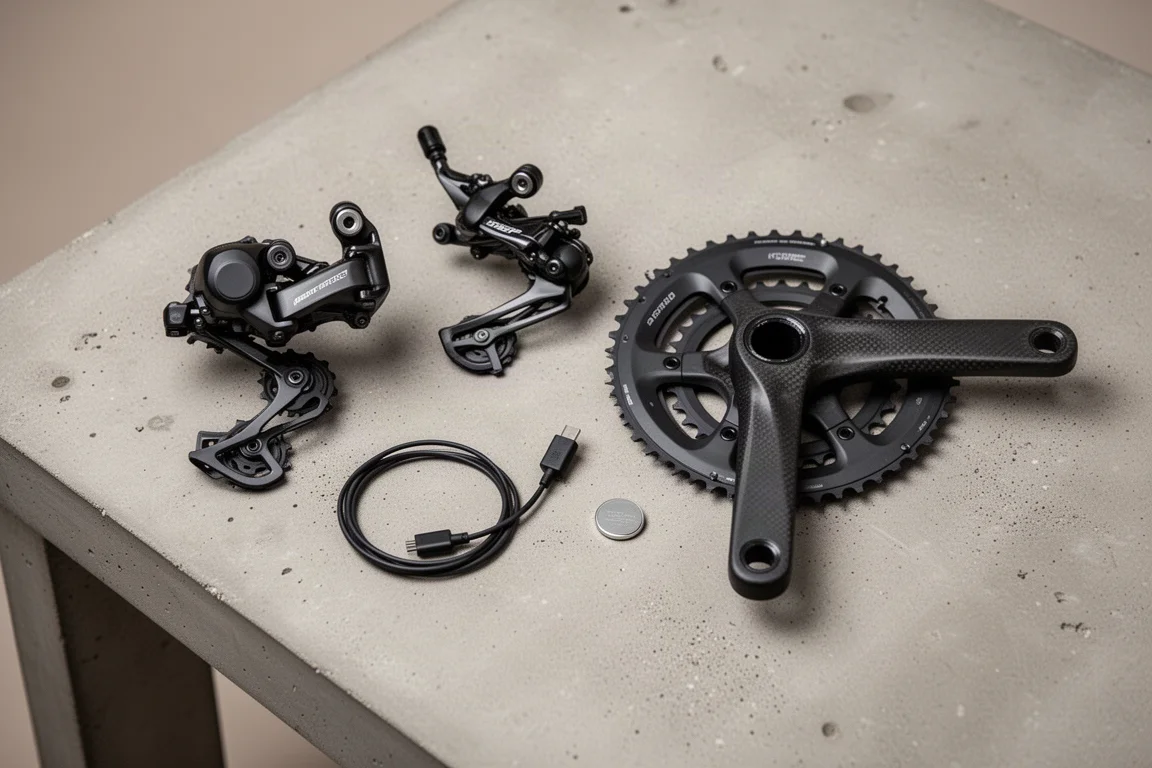 Disposizione piatta dei componenti del groupset con cavo di ricarica magnetico e batteria a moneta su cemento