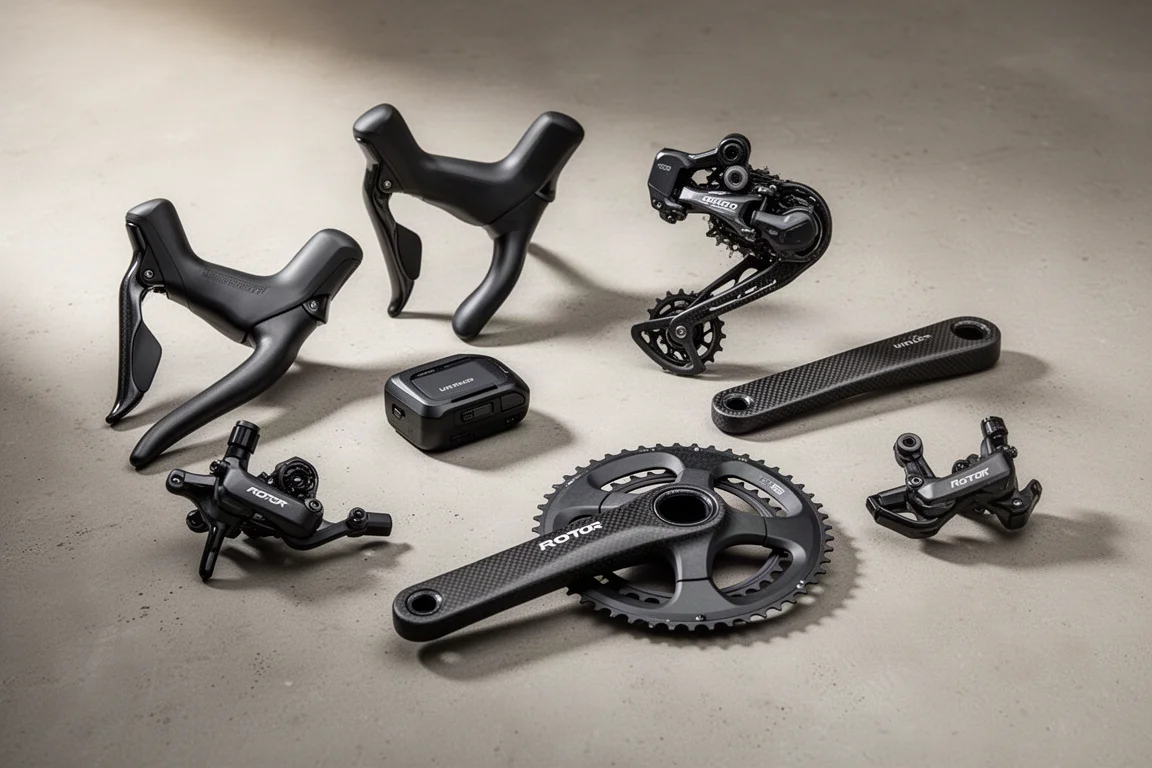 Rotor Uno groupset components arranged on a matte concrete surface