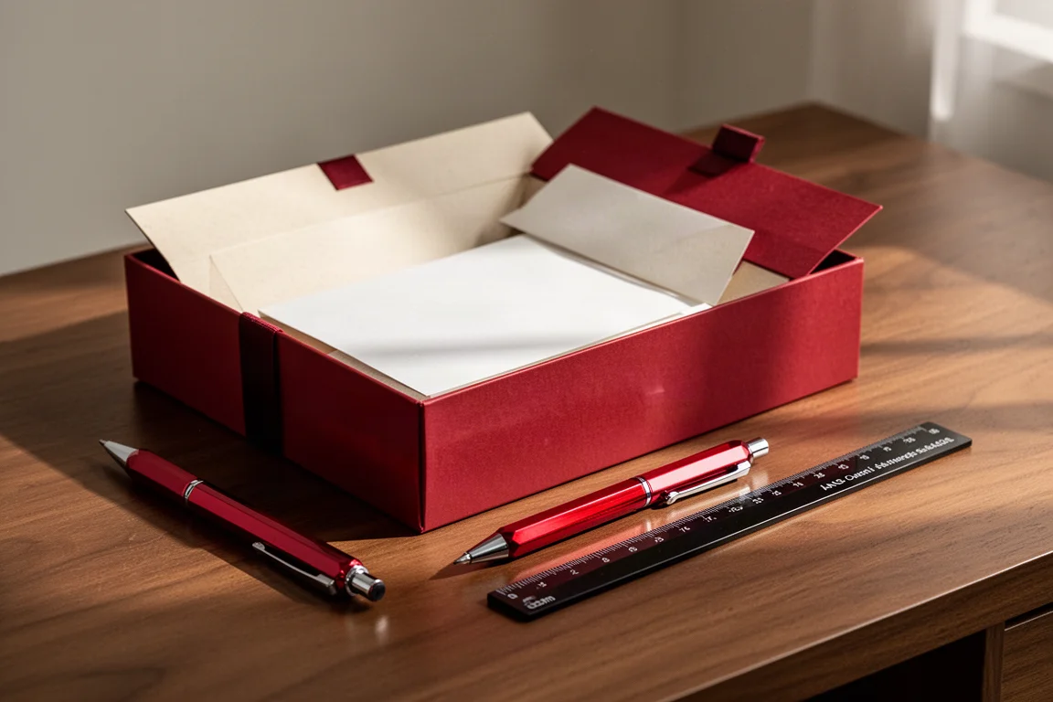 Roter Druckbleistift mit seiner Box und einem schwarzen 15-cm-Lineal auf einem Schreibtisch