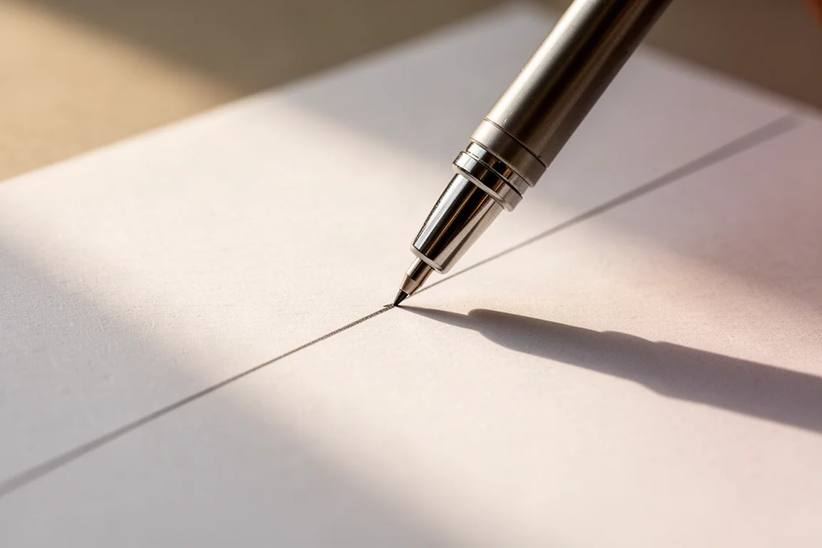 Hand schreibt mit einem Druckbleistift auf weißem Papier bei warmem Licht