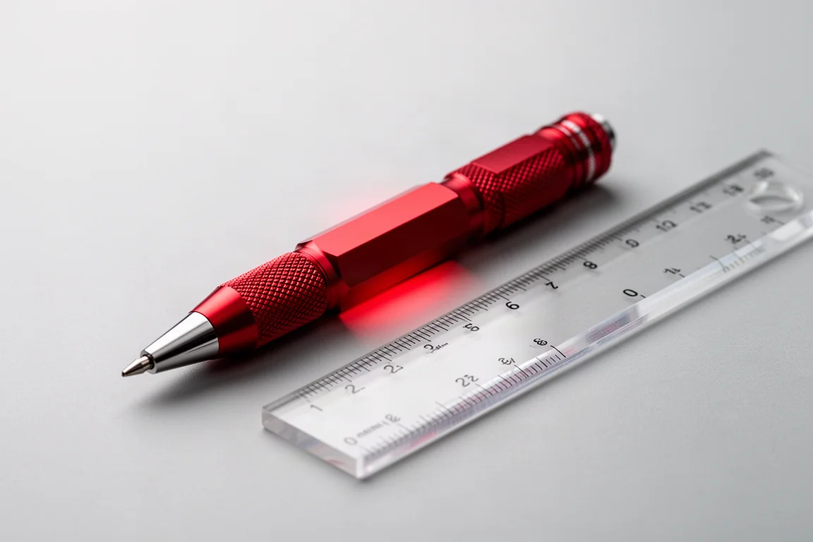 Red and silver hexagonal mechanical pencils with a slim black ruler on concrete