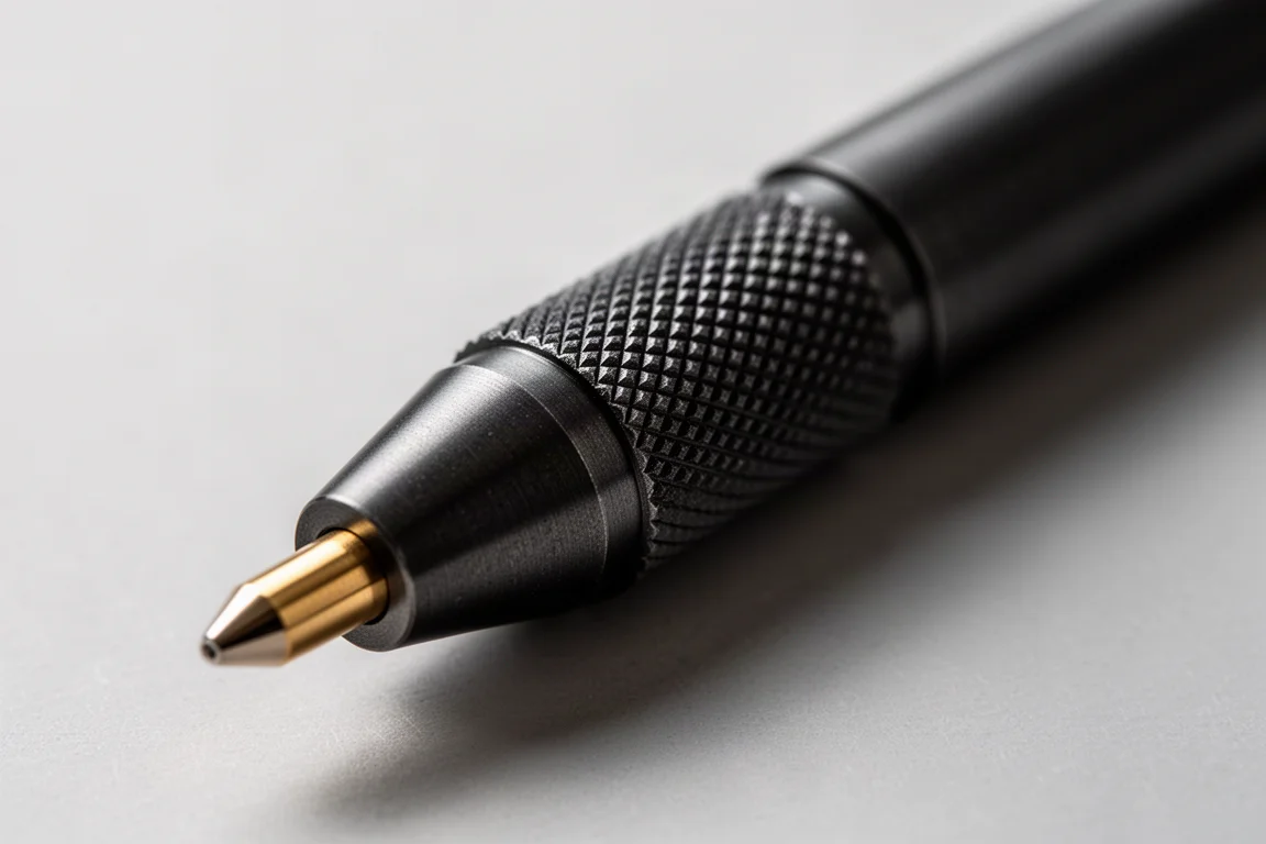 Grip metallico zigrinato e punta dorata su una matita da disegno tecnico nero opaco