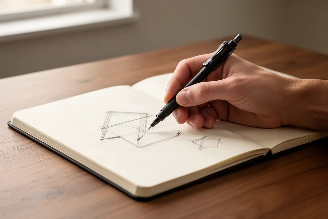 Mano che traccia linee sottili in uno sketchbook con una matita meccanica