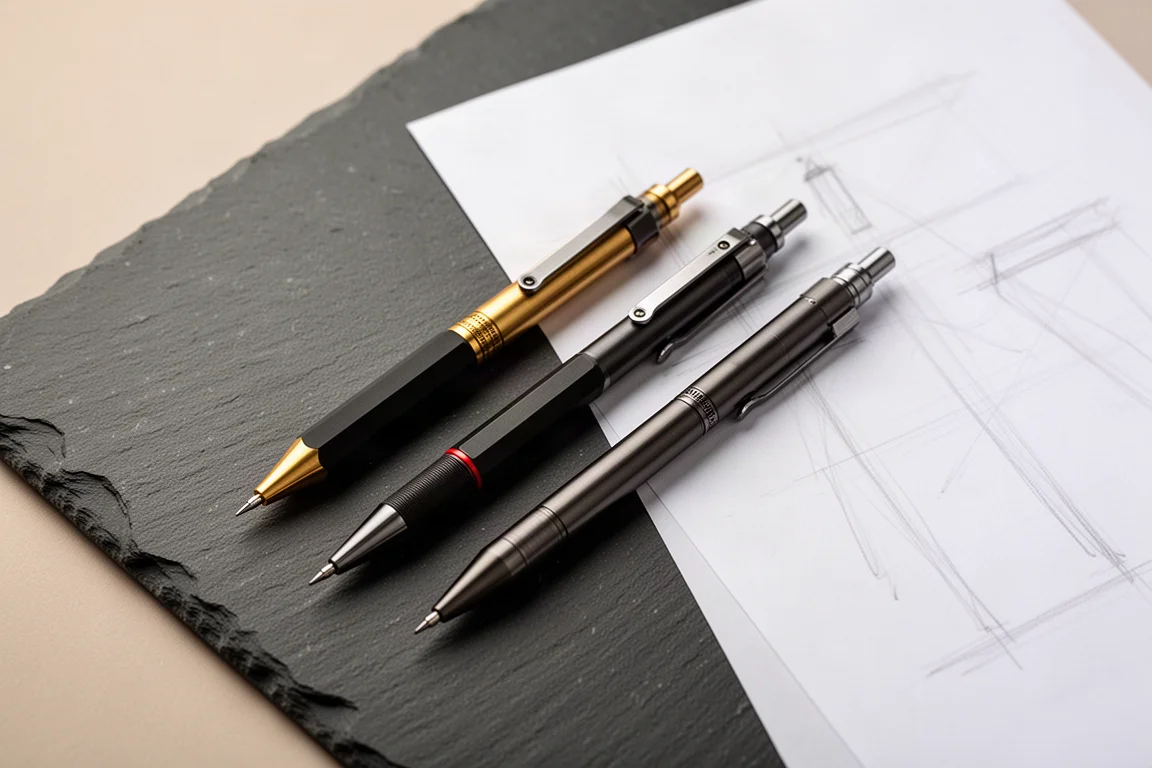 Due matite da disegno tecnico affiancate su una scrivania scura con carta da schizzo
