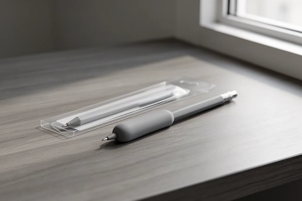 Grey mechanical pencil beside its simple retail packaging on a desk