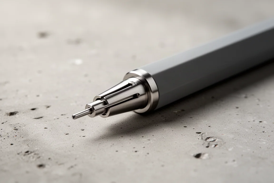 Close-up of a mechanical pencil's stainless steel tip and fine lead guide pipe