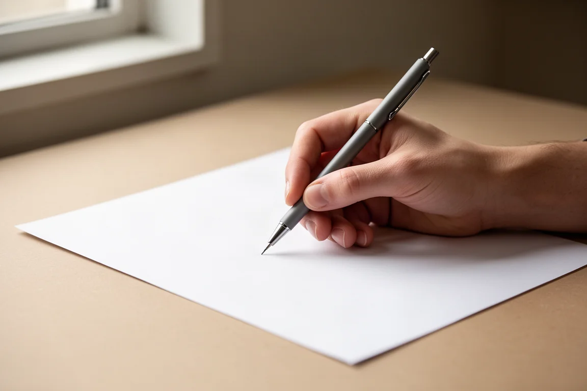 Hand writing with a slim mechanical pencil on paper under soft light