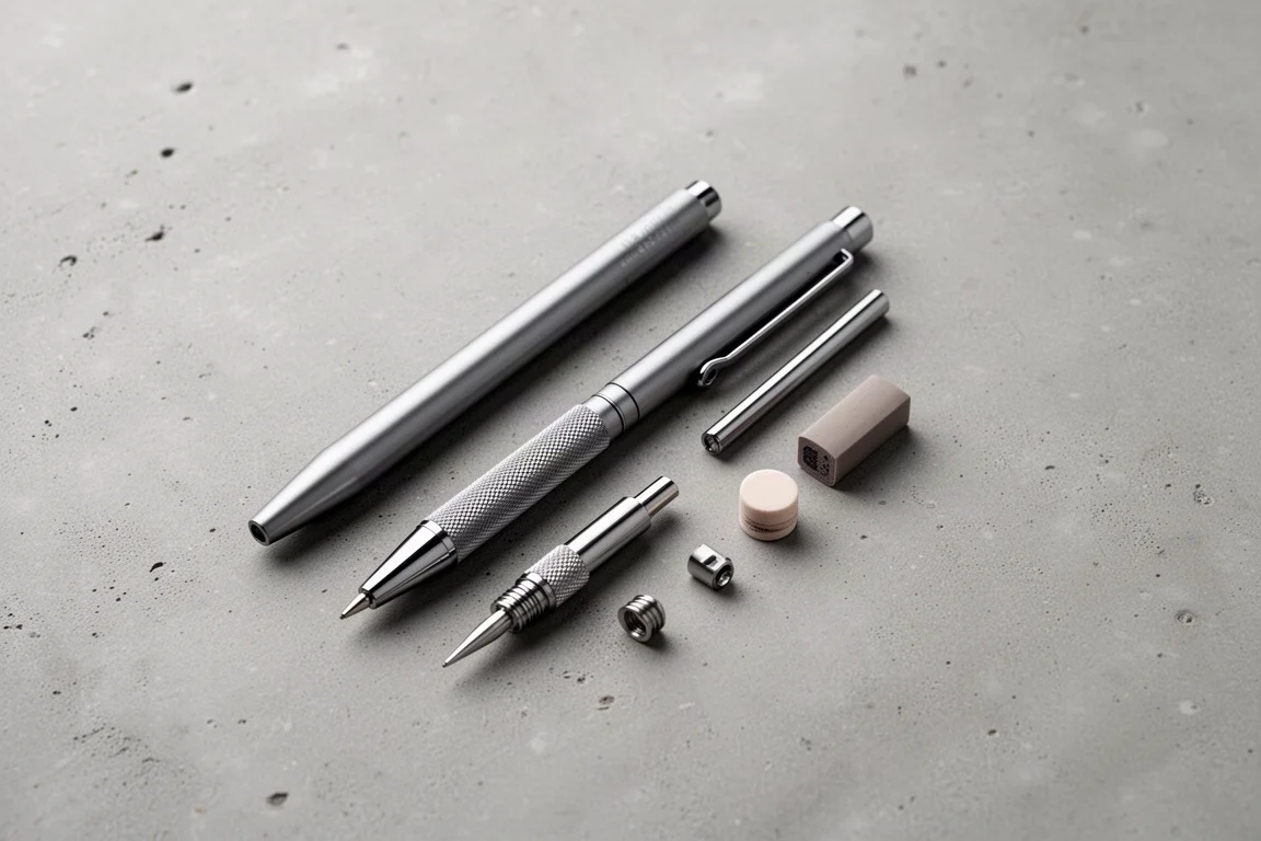 Flat-lay of mechanical pencil components laid out on a concrete surface