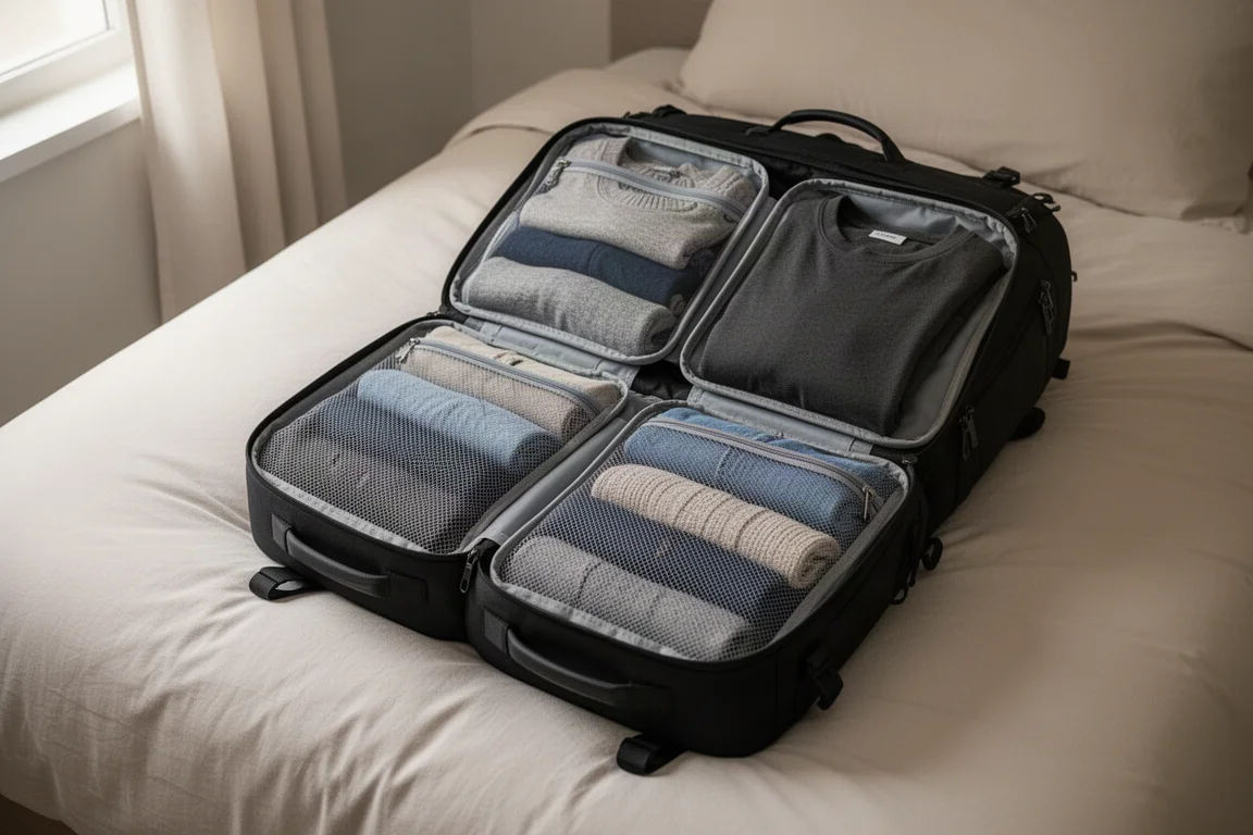 Zaino da viaggio aperto su un letto che mostra i scomparti divisori clamshell
