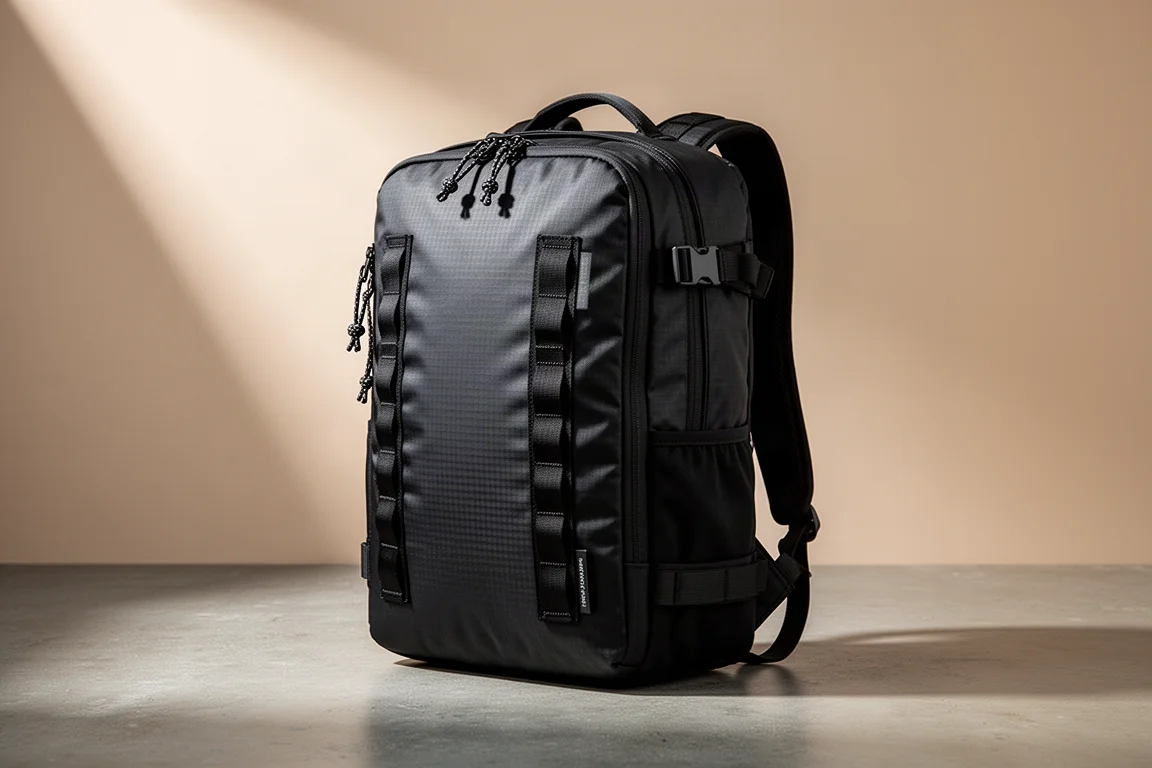 Zaino da viaggio clamshell da 35L nero in piedi su una superficie di cemento
