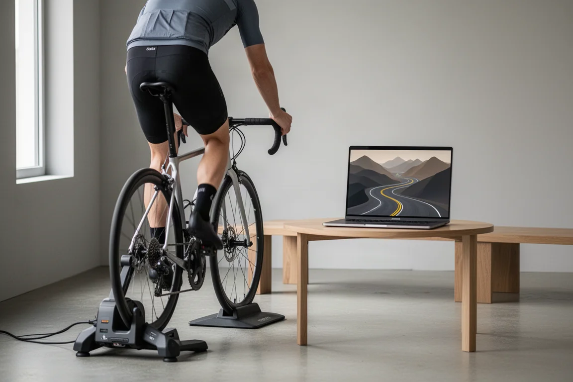 ノートパソコンの前でスマートトレーナーに乗り、バーチャルな山岳ルートを走る屋内サイクリスト