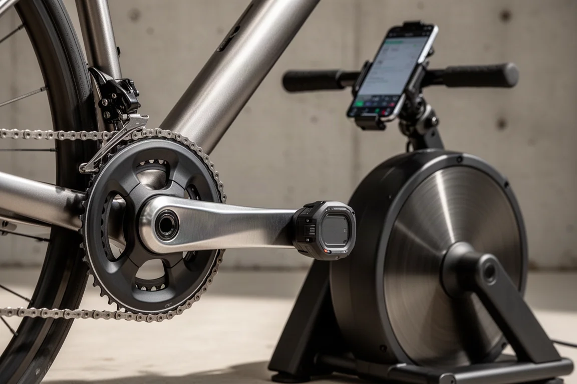 自転車のパワーメーターのクランクアームとスマートトレーナー、ハンドルバーに取り付けたスマートフォンのクローズアップ