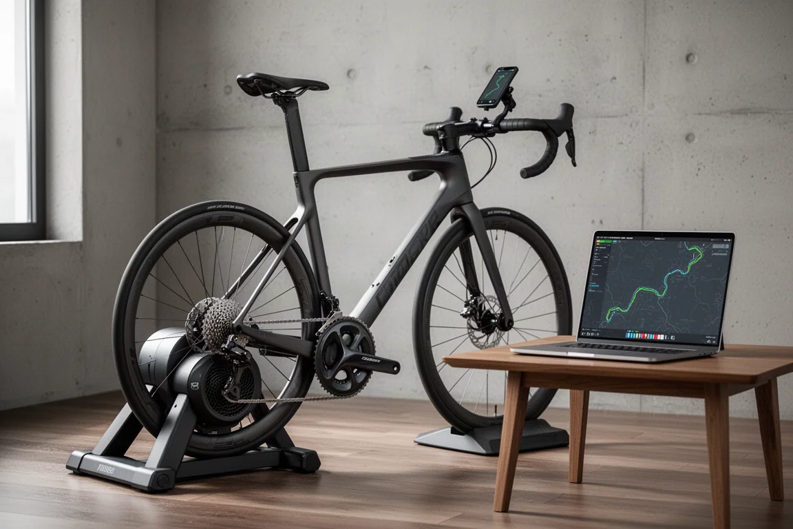 Setup di ciclismo indoor con bici da strada su smart trainer, supporto per smartphone e laptop