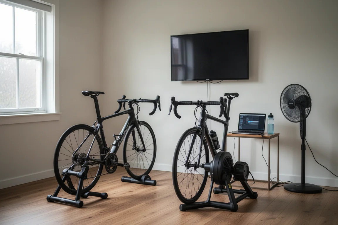Rincón de ciclismo indoor con una bicicleta sobre un rodillo, portátil y ventilador con luz de la mañana