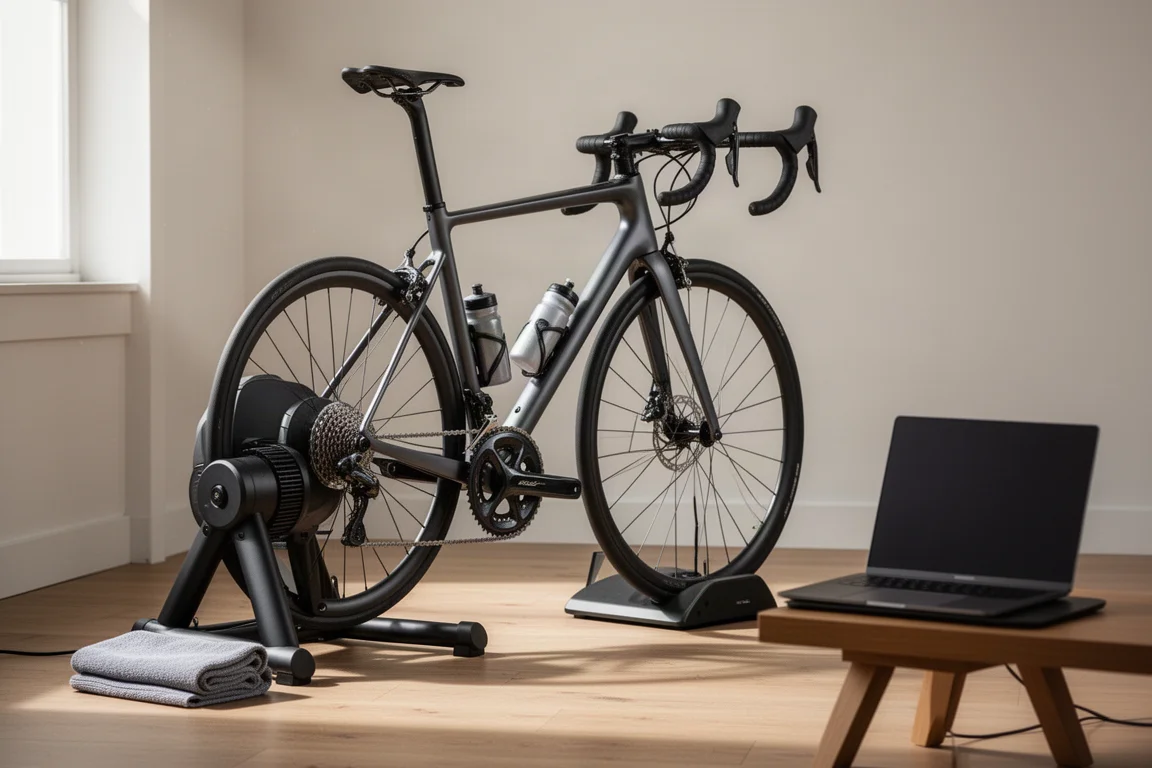 Bici da strada su uno smart trainer direct-drive con laptop e asciugamano in una stanza essenziale