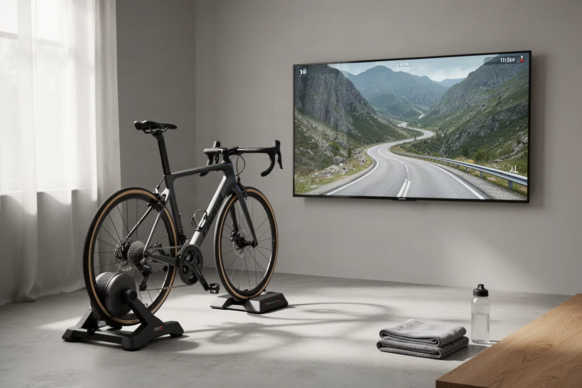 Rincón de entrenamiento indoor con una bicicleta de carretera sobre rodillo inteligente frente a una pantalla