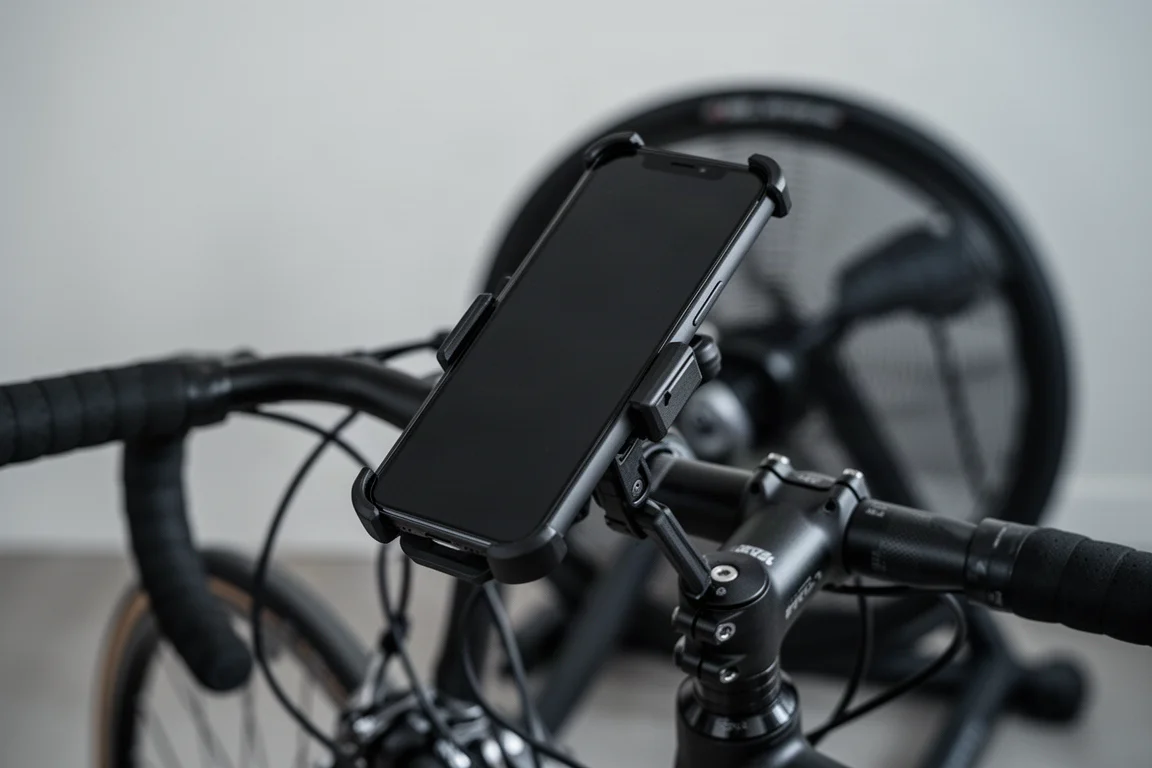 Smartphone montado en el manillar de una bicicleta de carretera preparada para entrenar en indoor