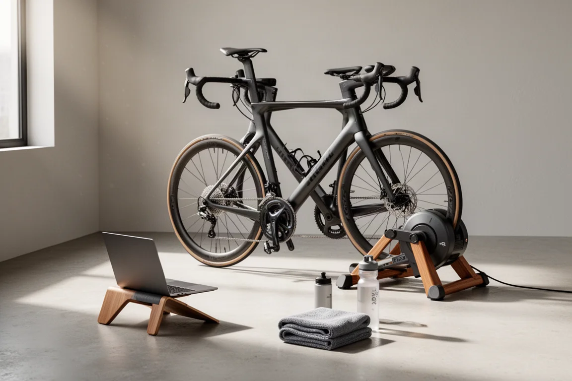 Postazione di ciclismo indoor con bici da strada su rullo smart davanti a un laptop