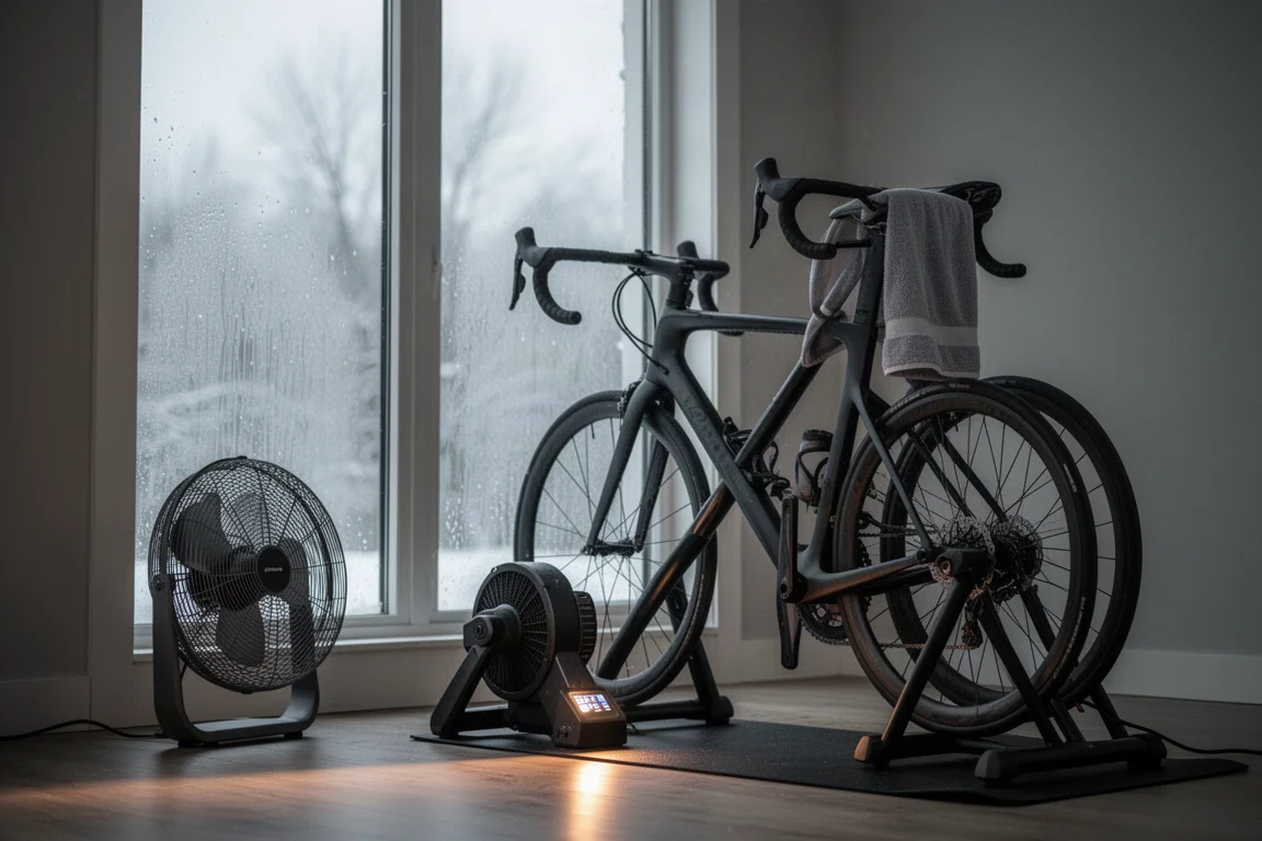 Ciclista indoor che si allena su uno smart trainer accanto a una finestra in una grigia giornata invernale