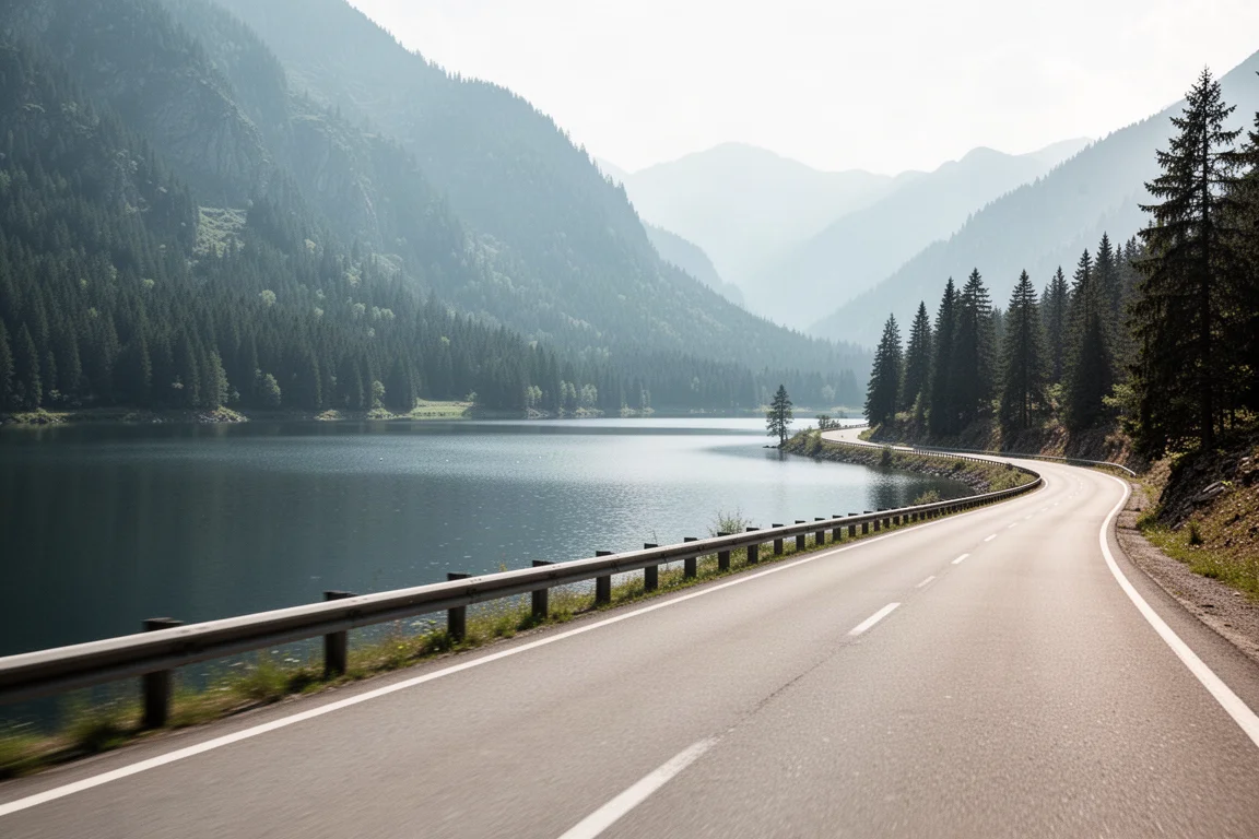 Strada di montagna costiera sinuosa che costeggia un lago con una staccionata bassa a mezzogiorno