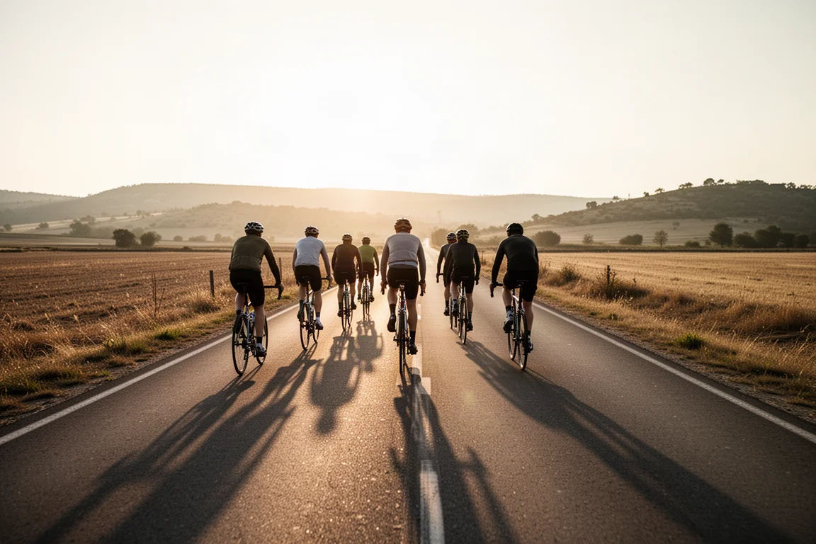 Gruppo di ciclisti che pedala insieme su una strada aperta nell'ora d'oro, visto da dietro
