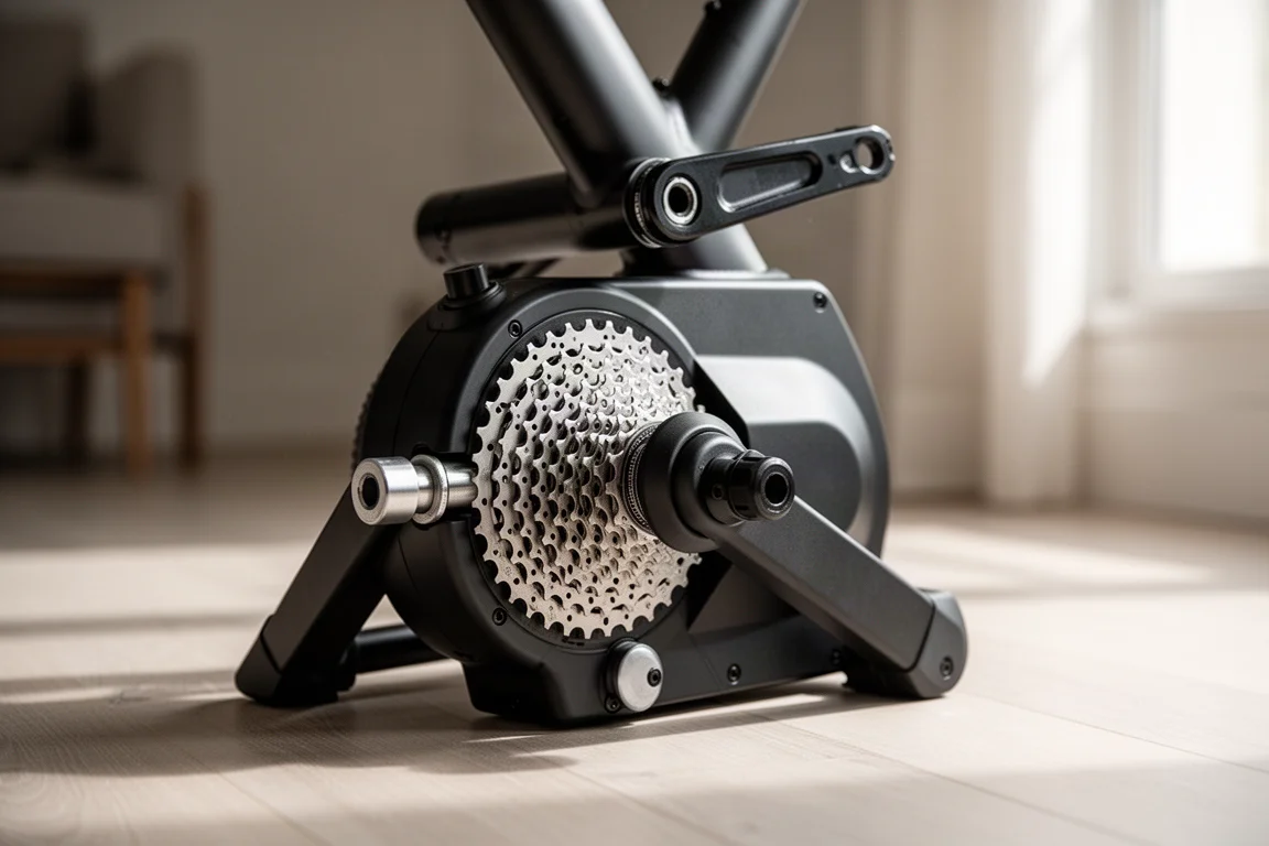 Primo piano di uno smart trainer direct-drive con cassetta su un pavimento in legno