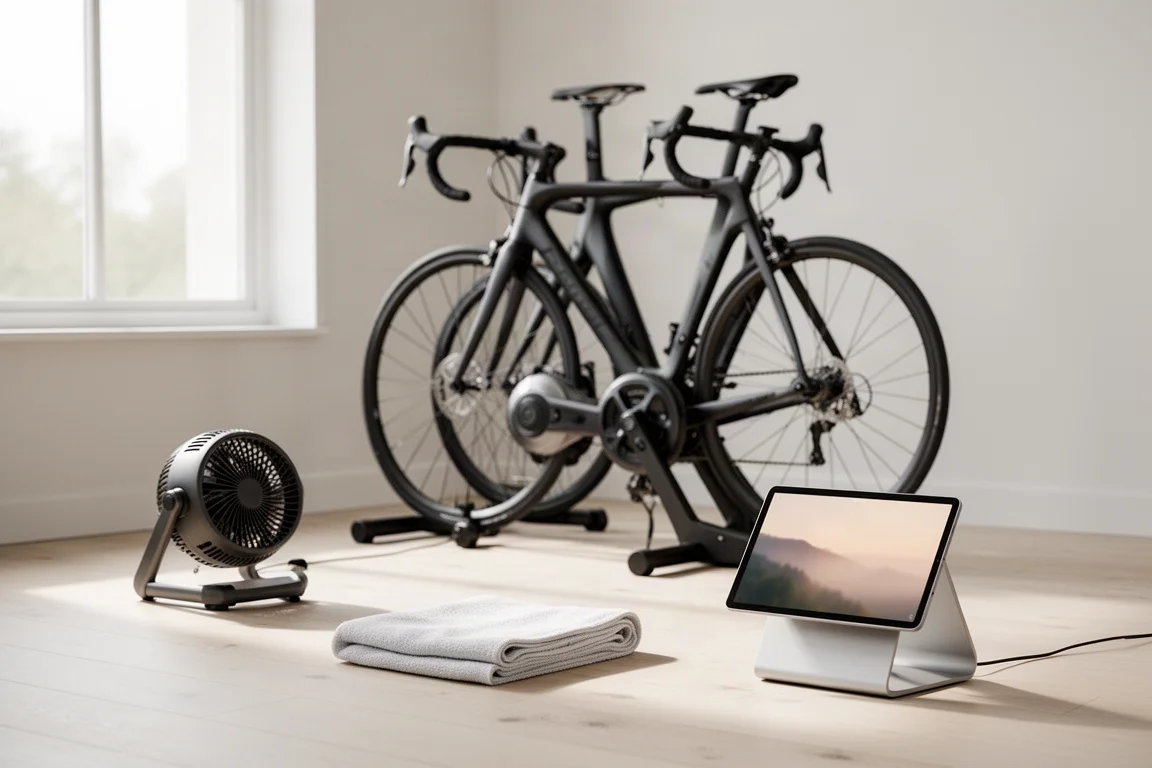 Indoorfietssetup met racefiets op een smart trainer, ventilator, handdoek en tablet op een standaard