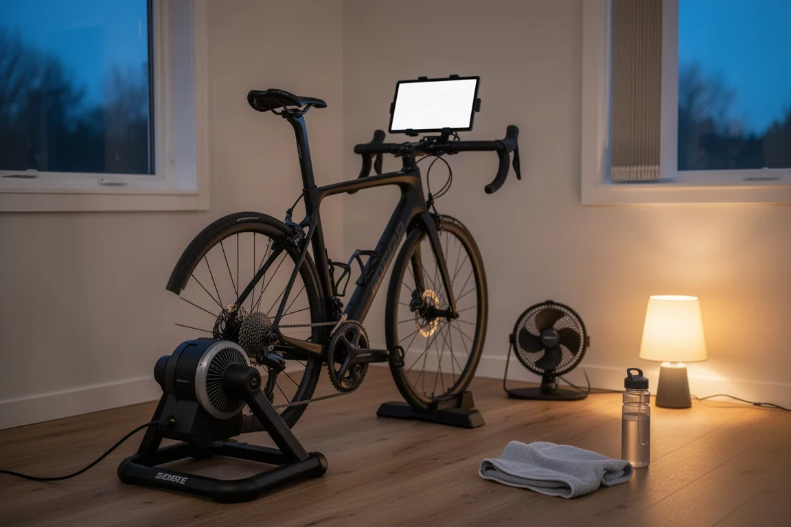 Road bike on a smart trainer in a tidy garage with afternoon light on concrete