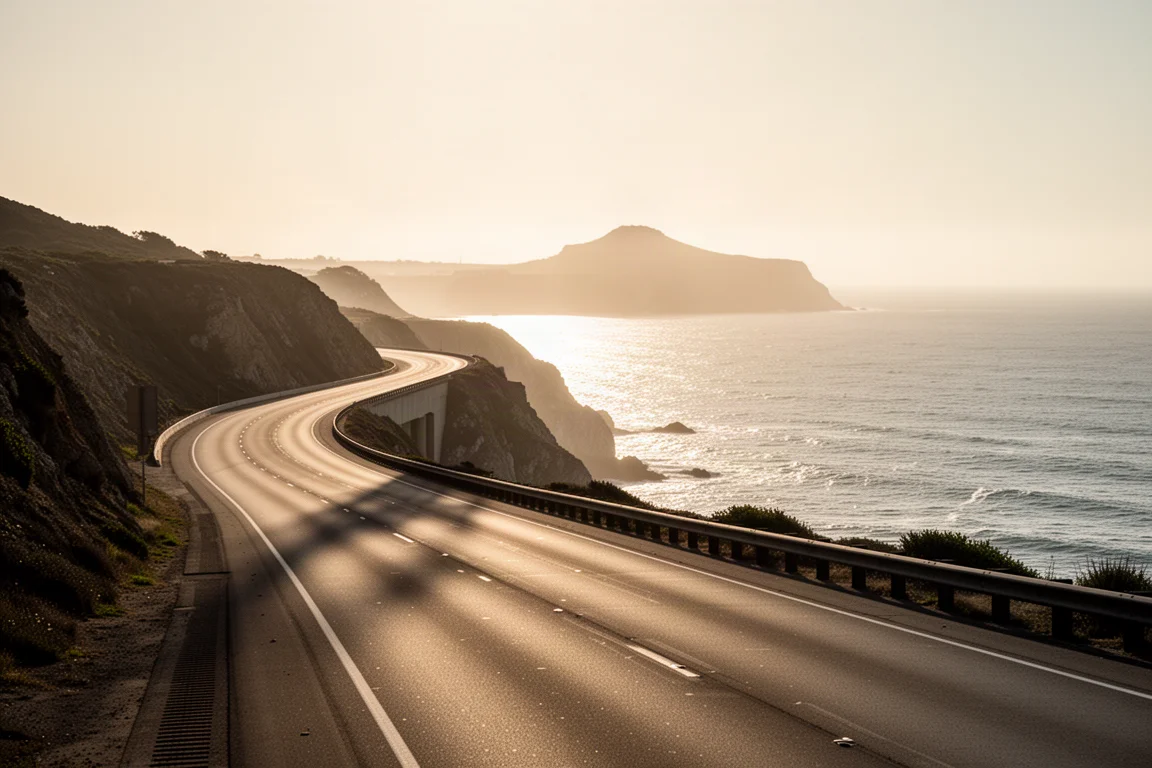 Sunlit mountain road curving through green hills above a lake