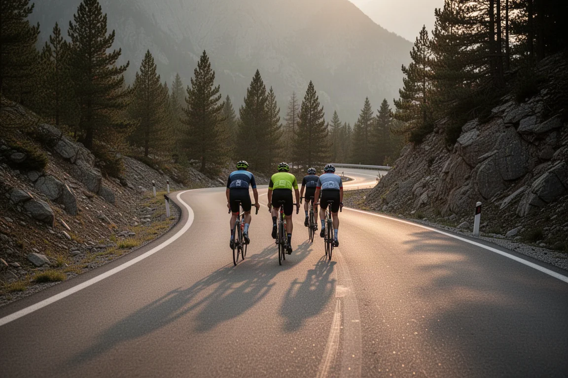 Cyclist training alone in a dim room at night lit by a cool screen glow