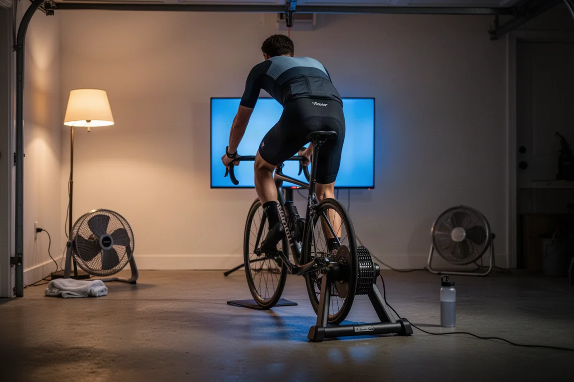 Cyclist on an indoor trainer in a dim garage lit by a warm lamp and screen glow