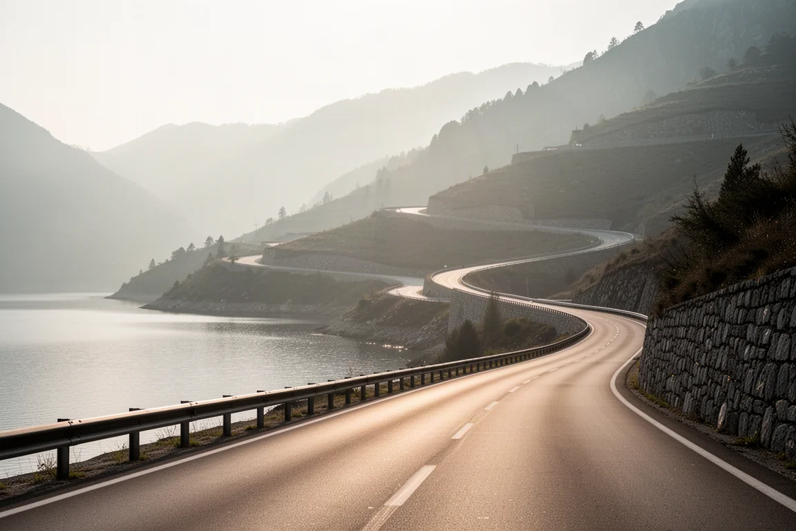 Empty sunlit mountain road winding along a lake with switchbacks and morning mist