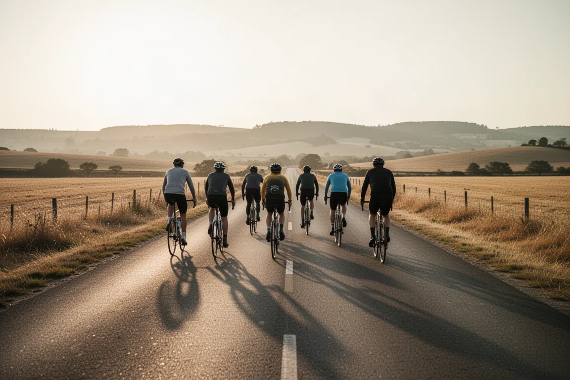 Group of cyclists riding together on an open road at golden hour seen from behind