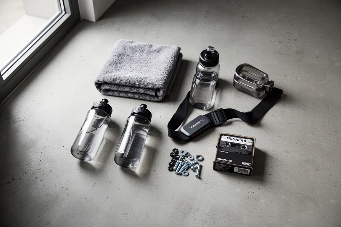 Overhead flat lay of indoor training essentials on concrete, towel, bottles and trainer parts