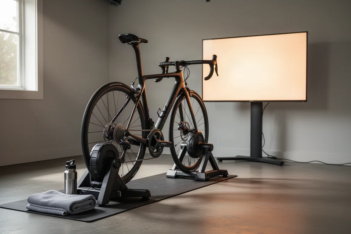 Racefiets op een smart trainer in een minimalistische garage-pain cave met een gloeiend scherm voor zich