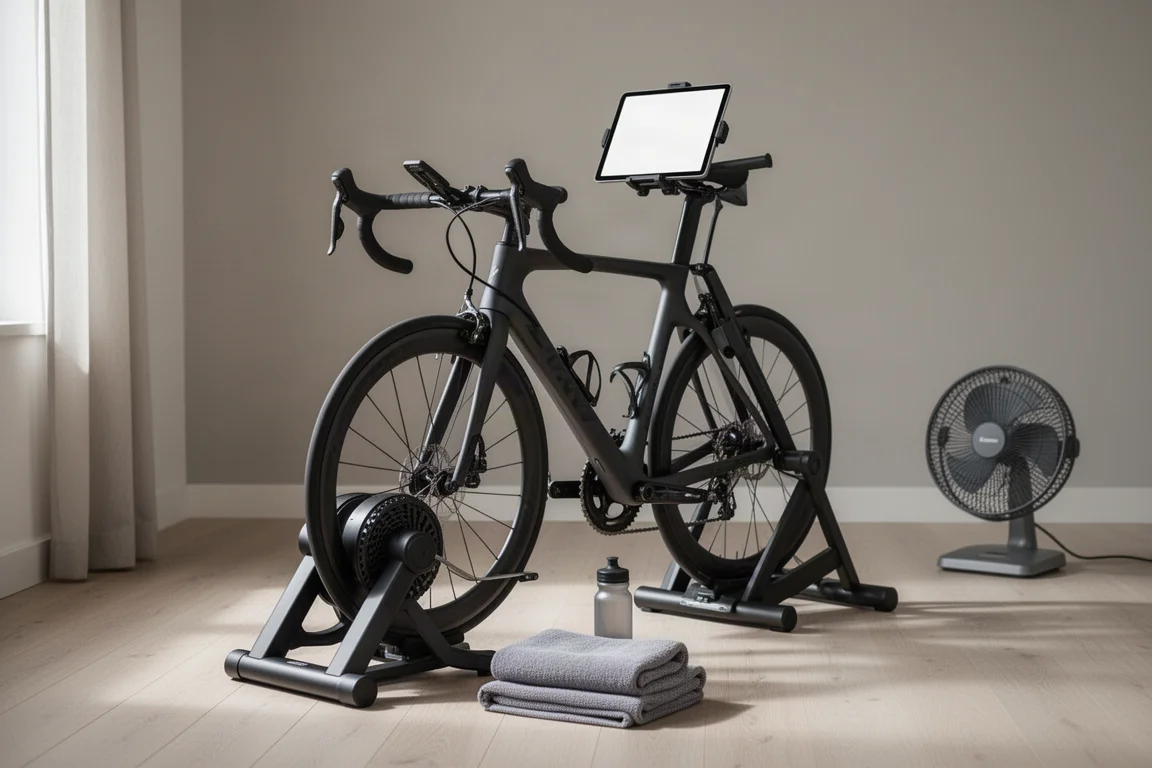 Road bike on a smart trainer in a minimal garage with a handlebar-mounted tablet